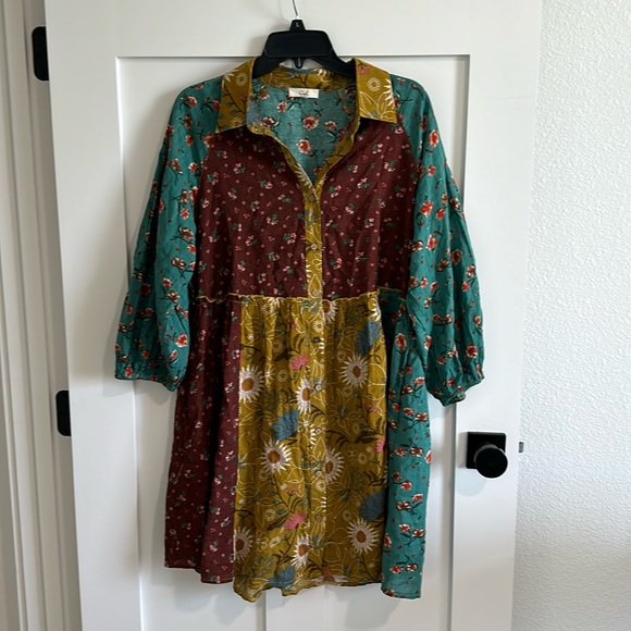 easel Dresses & Skirts - Easel M Long Sleeve Patchwork Tunic Dress Mixed Floral Earthy Boho Cottagecore